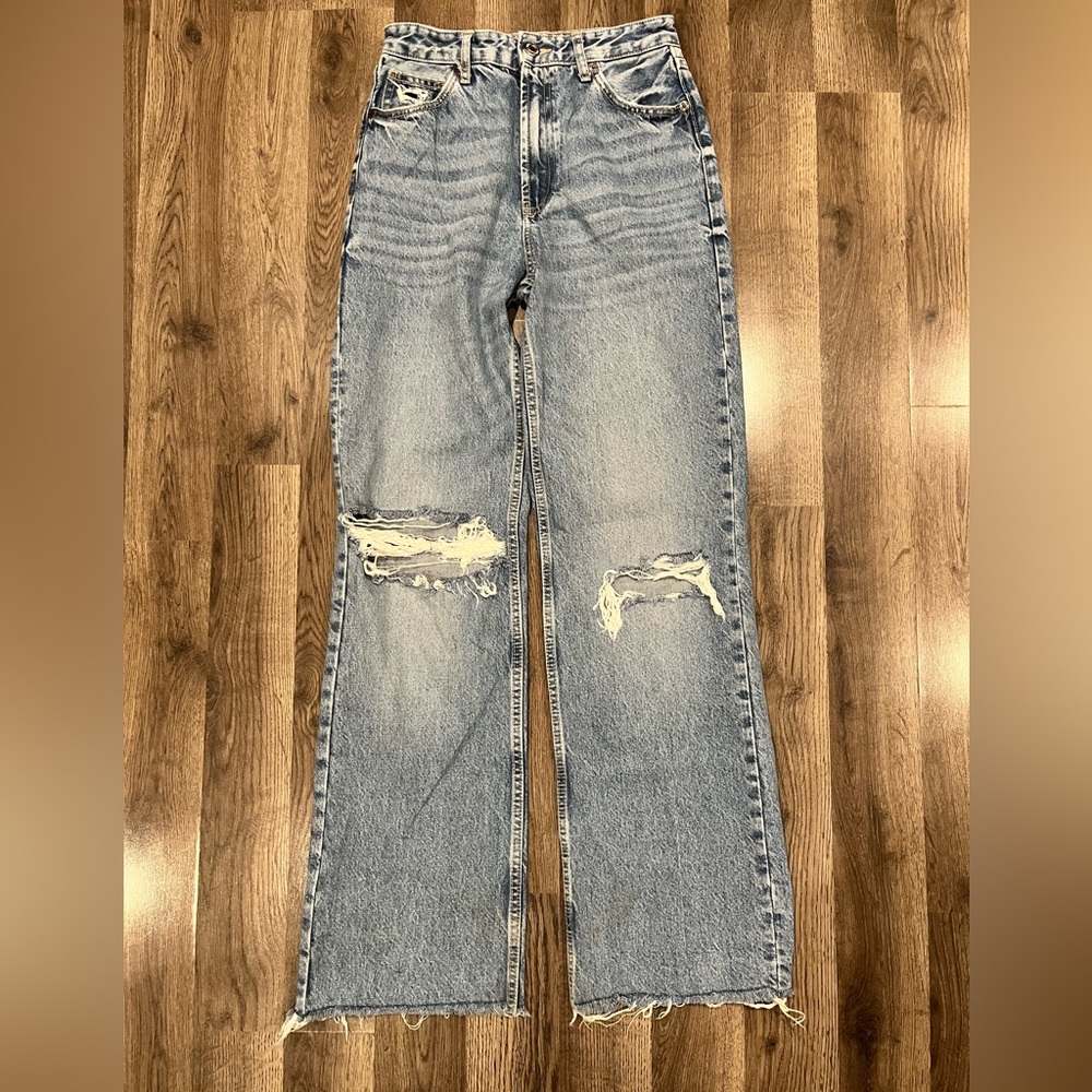 Zara Wide Leg High Rise Distressed Denim Jeans